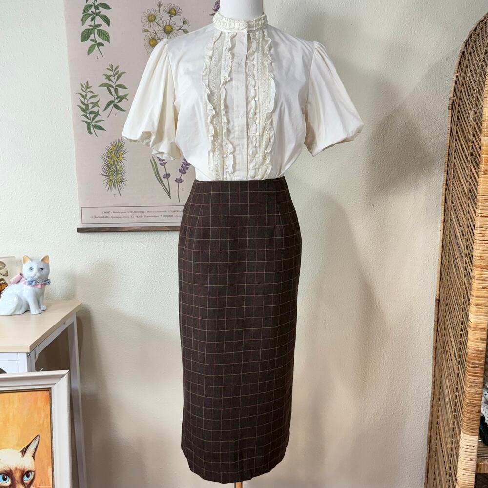 Vintage 90s Y2k Plaid Wool Midi Skirt Academia Twee Forest Heritage Preppy M